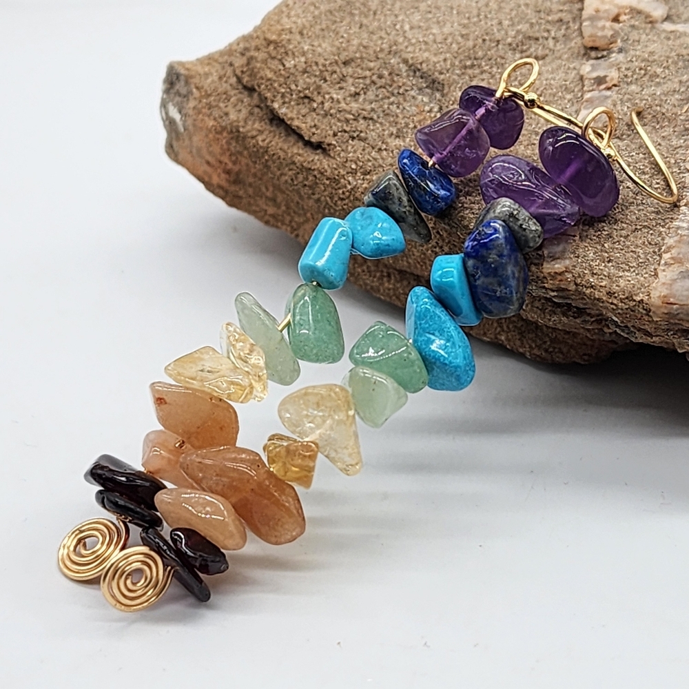 Free People Rainbow Chakra Long Earrings Natural Nuggets Amethyst Citrine